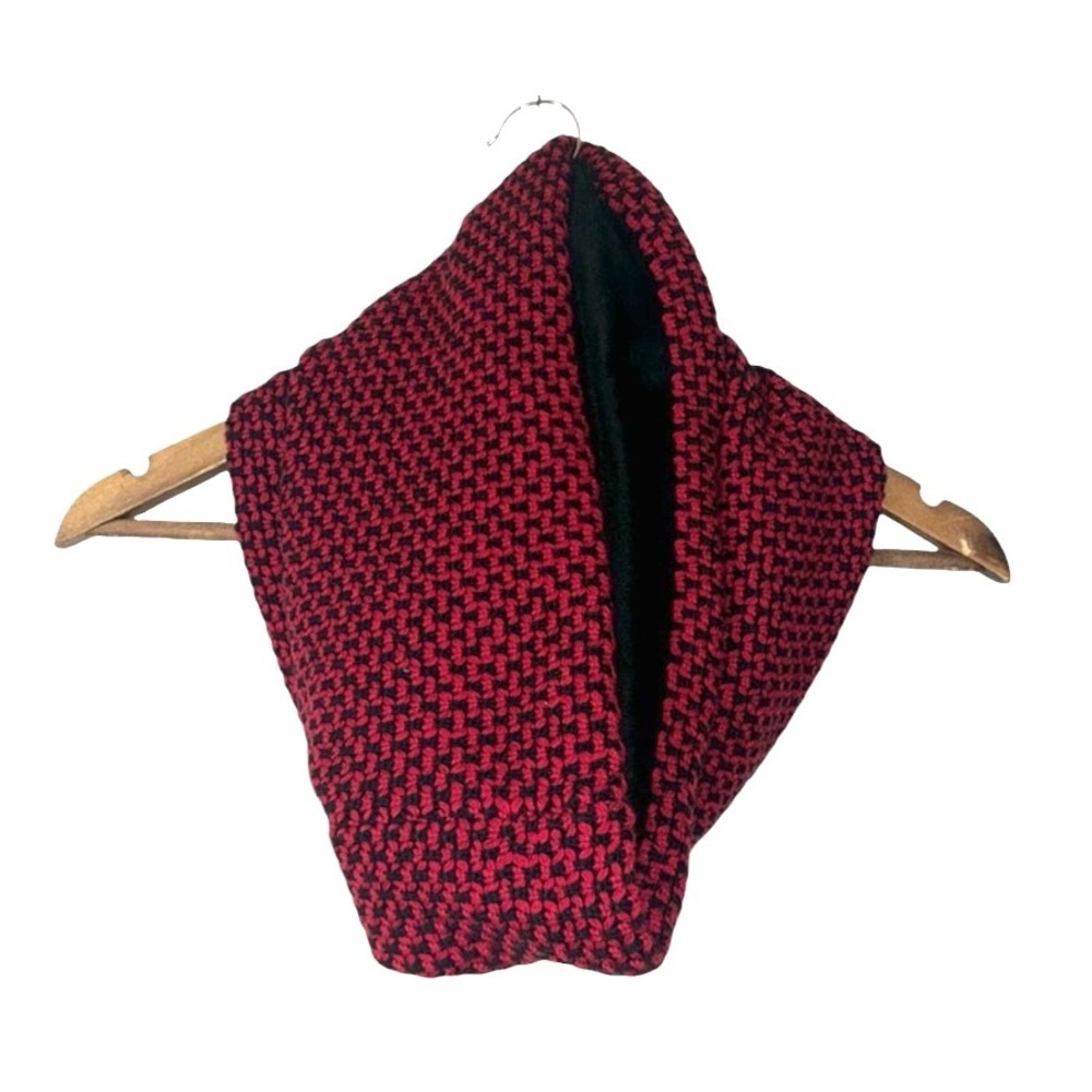 Talbots Infinity Scarf Red Black Nylon Lambswool Fleece Lined Winter Neck Warmer
